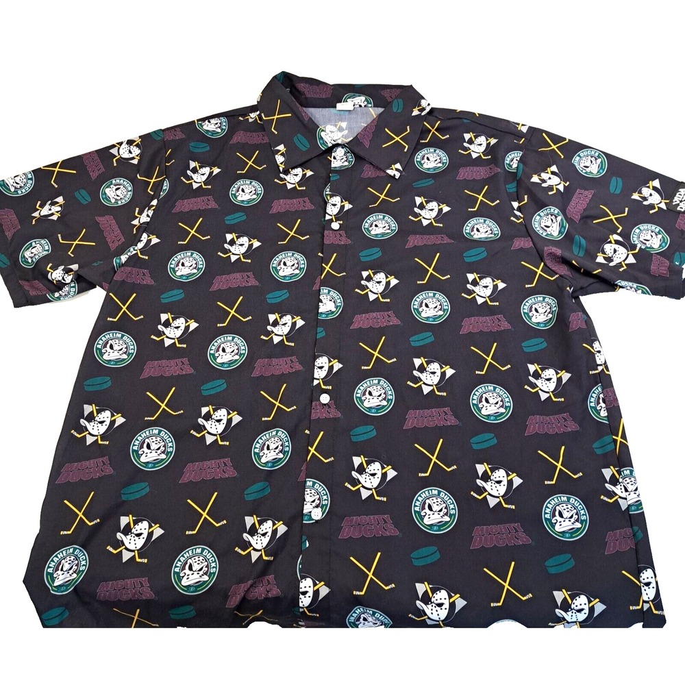 Mighty Ducks Shirt Mens XL Hockey Button Up Short Sleeve All Over Print